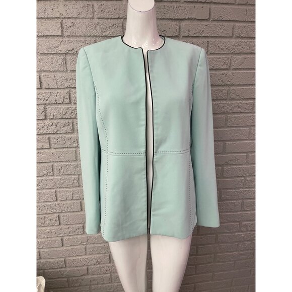 Kasper Women Long Sleeve Mint with Black Stitching Open Front Jacket Size 8 - Picture 1 of 8